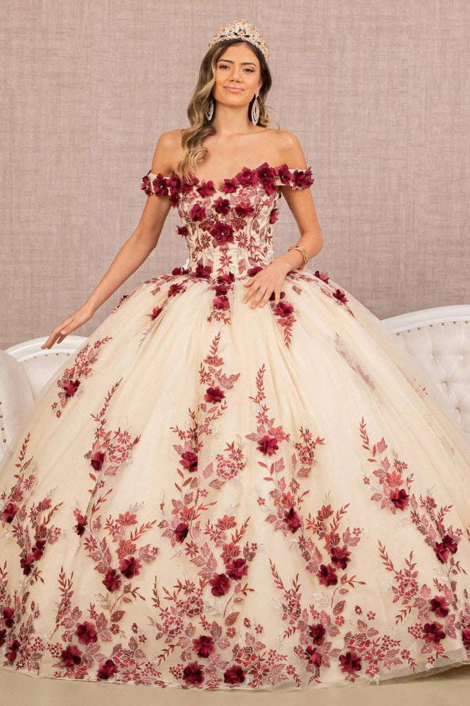 {Elegant 3 - D Flower Embroidered Off - Shoulder Mesh Quinceanera Ball Gown} - {} at {Linda Mariposa}
