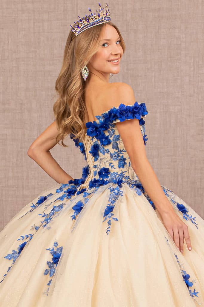 {Elegant 3 - D Flower Embroidered Off - Shoulder Mesh Quinceanera Ball Gown} - {} at {Linda Mariposa}