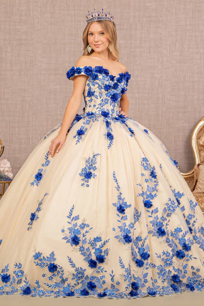 {Elegant 3 - D Flower Embroidered Off - Shoulder Mesh Quinceanera Ball Gown} - {} at {Linda Mariposa}