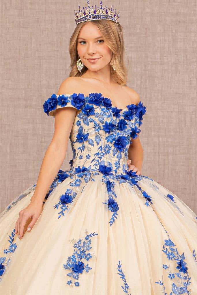 {Elegant 3 - D Flower Embroidered Off - Shoulder Mesh Quinceanera Ball Gown} - {} at {Linda Mariposa}