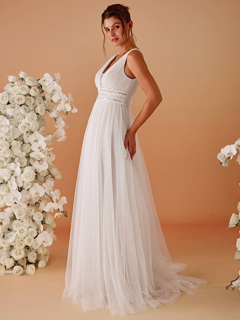 {Elegant Backless A - Line Sleeveless Ivory Wedding Dress with Deep V - Neck} - {} at {Linda Mariposa}