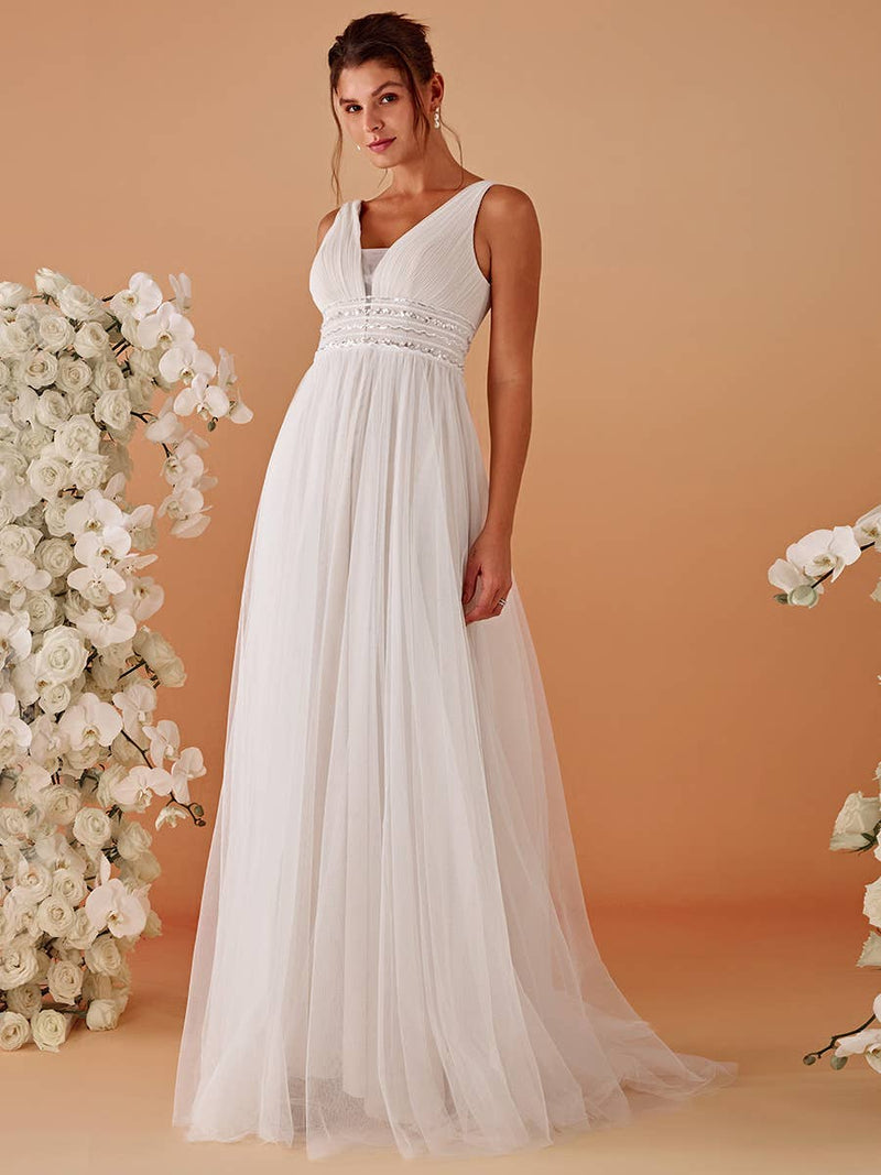 {Elegant Backless A - Line Sleeveless Ivory Wedding Dress with Deep V - Neck} - {} at {Linda Mariposa}