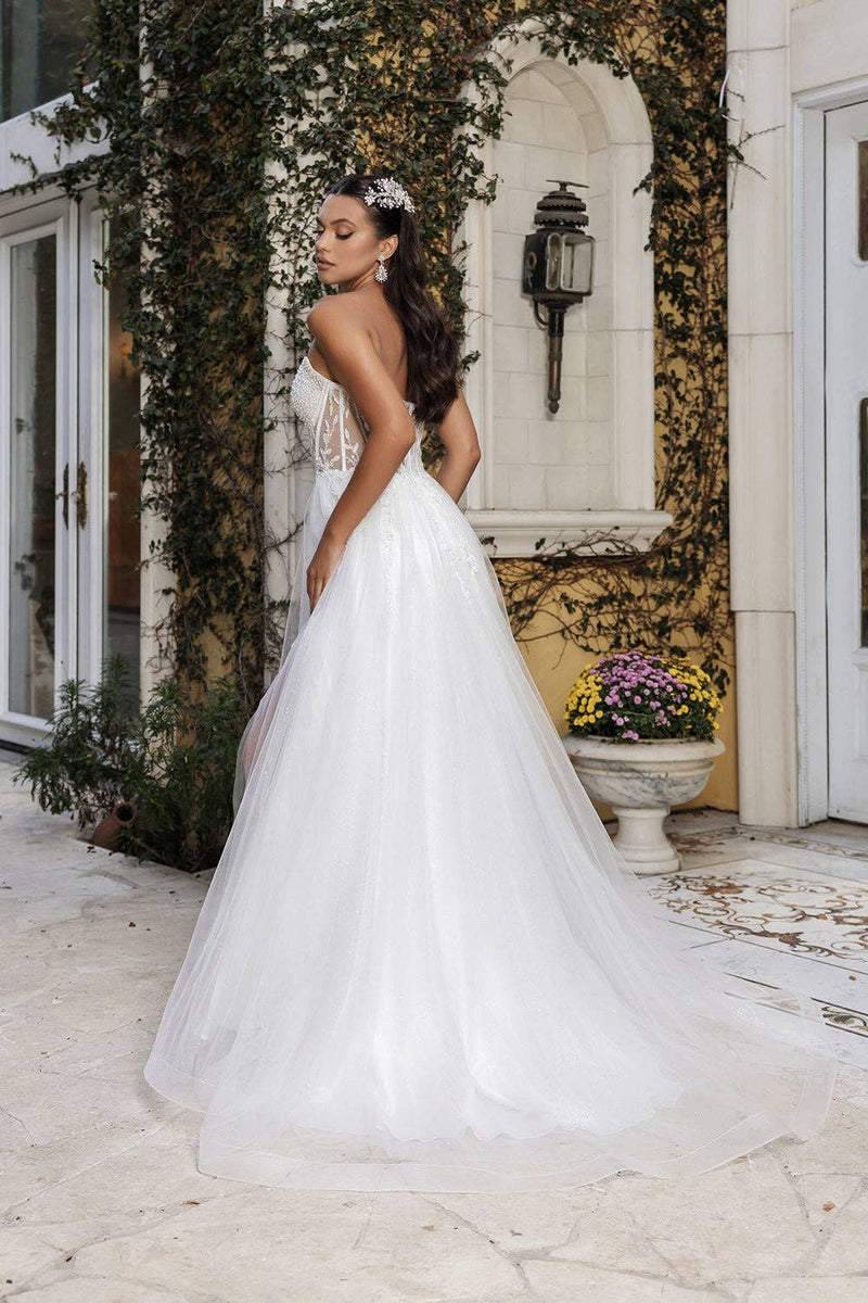 {Elegant Ivory Strapless A - Line Tulle Wedding Dress with Glitter Corset Bodice} - {} at {Linda Mariposa}