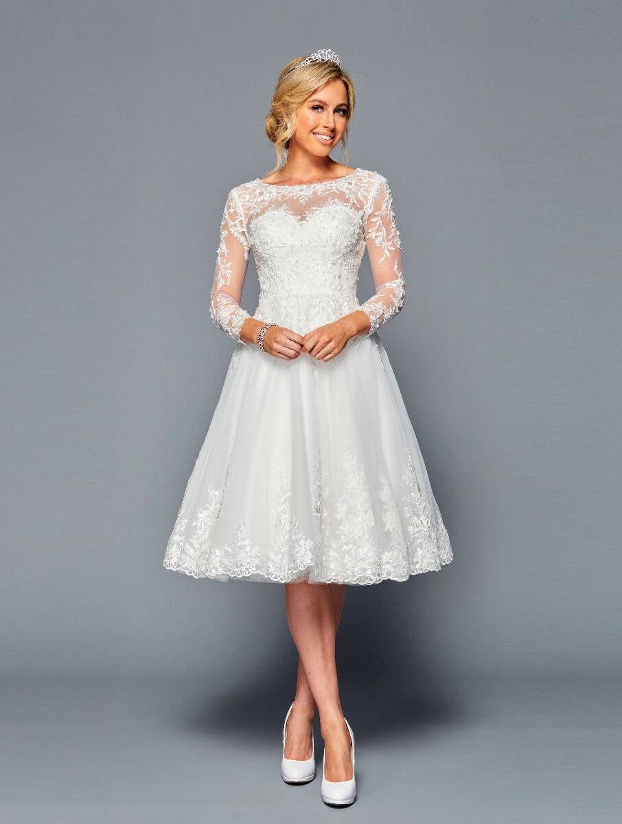 {Elegant Knee - Length Vintage Wedding Dress with Lace Applique Long Sleeves} - {} at {Linda Mariposa}