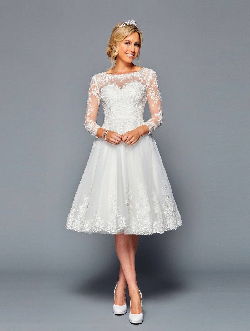 {Elegant Knee - Length Vintage Wedding Dress with Lace Applique Long Sleeves} - {} at {Linda Mariposa}