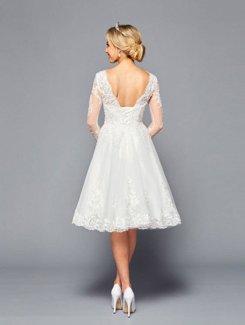 {Elegant Knee - Length Vintage Wedding Dress with Lace Applique Long Sleeves} - {} at {Linda Mariposa}