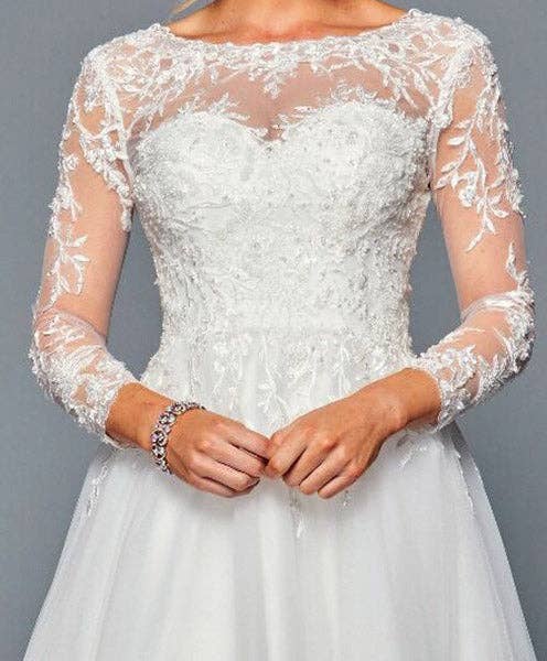 {Elegant Knee - Length Vintage Wedding Dress with Lace Applique Long Sleeves} - {} at {Linda Mariposa}