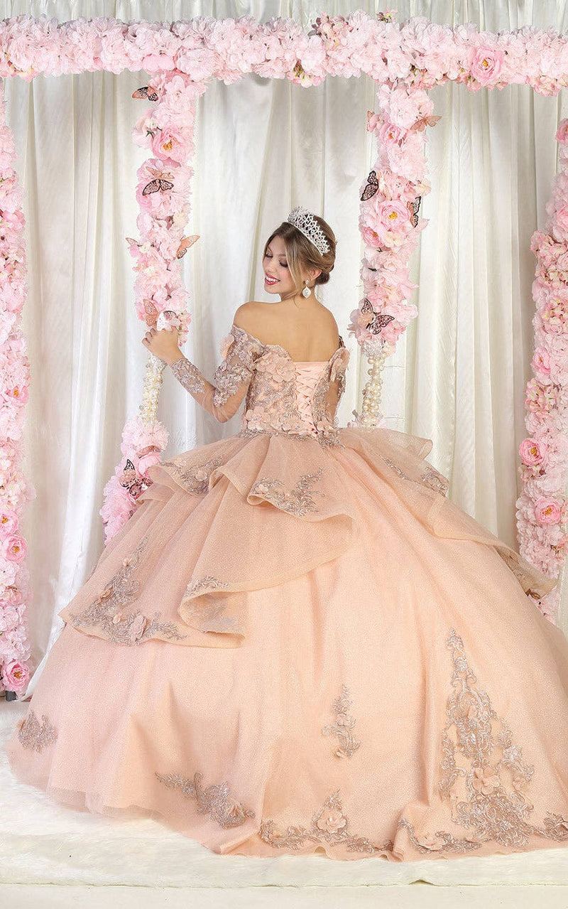 {Elegant Long Sleeve Quinceanera Ball Gown with 3D Floral Applique} - {} at {Linda Mariposa}