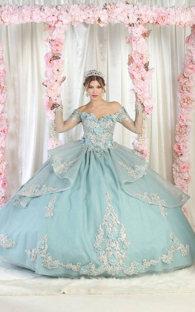 {Elegant Long Sleeve Quinceanera Ball Gown with 3D Floral Applique} - {} at {Linda Mariposa}
