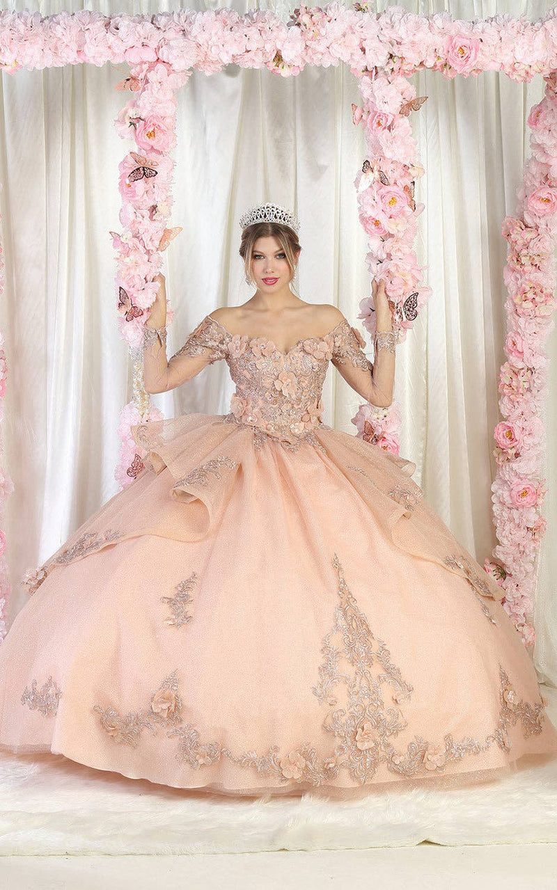 {Elegant Long Sleeve Quinceanera Ball Gown with 3D Floral Applique} - {} at {Linda Mariposa}