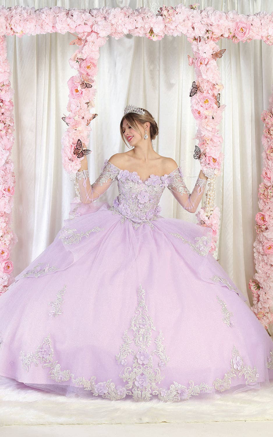 {Elegant Long Sleeve Quinceanera Ball Gown with 3D Floral Applique} - {} at {Linda Mariposa}