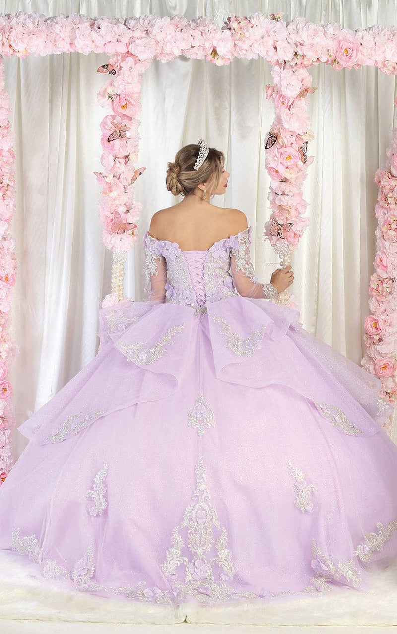 {Elegant Long Sleeve Quinceanera Ball Gown with 3D Floral Applique} - {} at {Linda Mariposa}