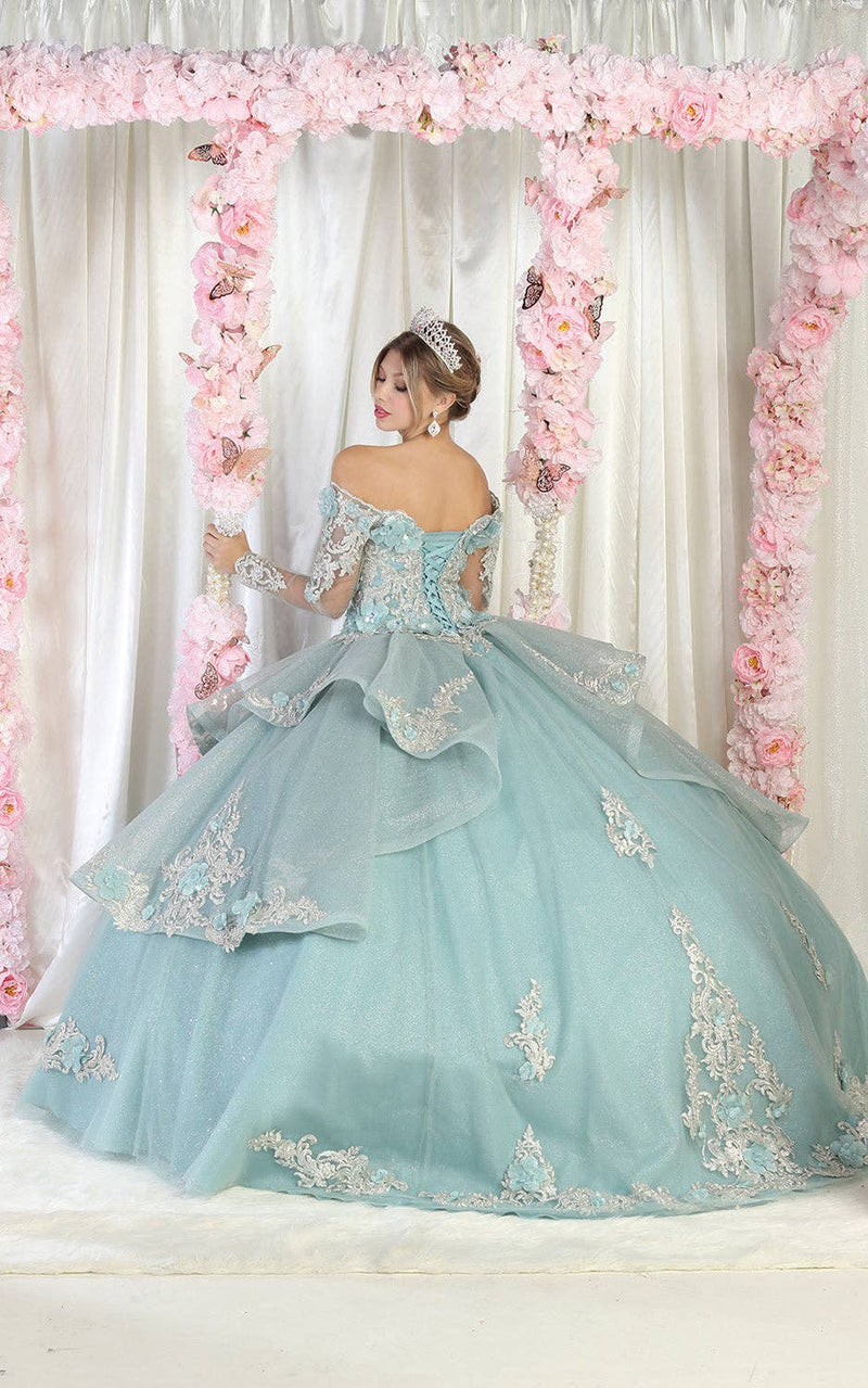 {Elegant Long Sleeve Quinceanera Ball Gown with 3D Floral Applique} - {} at {Linda Mariposa}