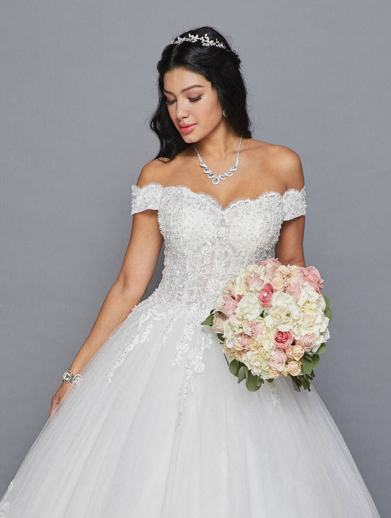 {Elegant Off Shoulder Bridal Gown with Embroidered Corset Lace - Up Back} - {} at {Linda Mariposa}