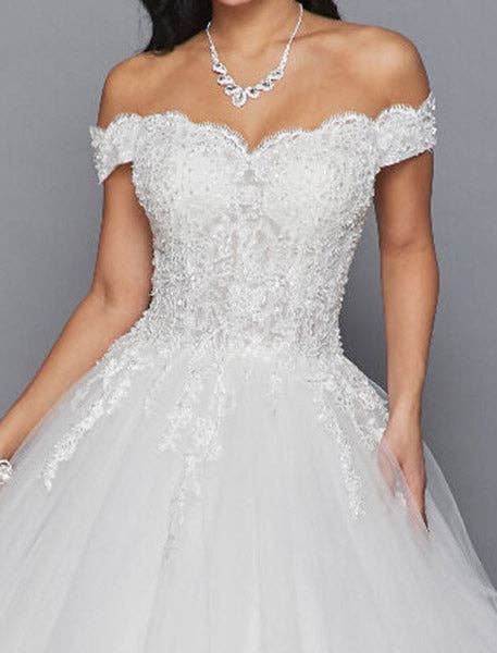 {Elegant Off Shoulder Bridal Gown with Embroidered Corset Lace - Up Back} - {} at {Linda Mariposa}