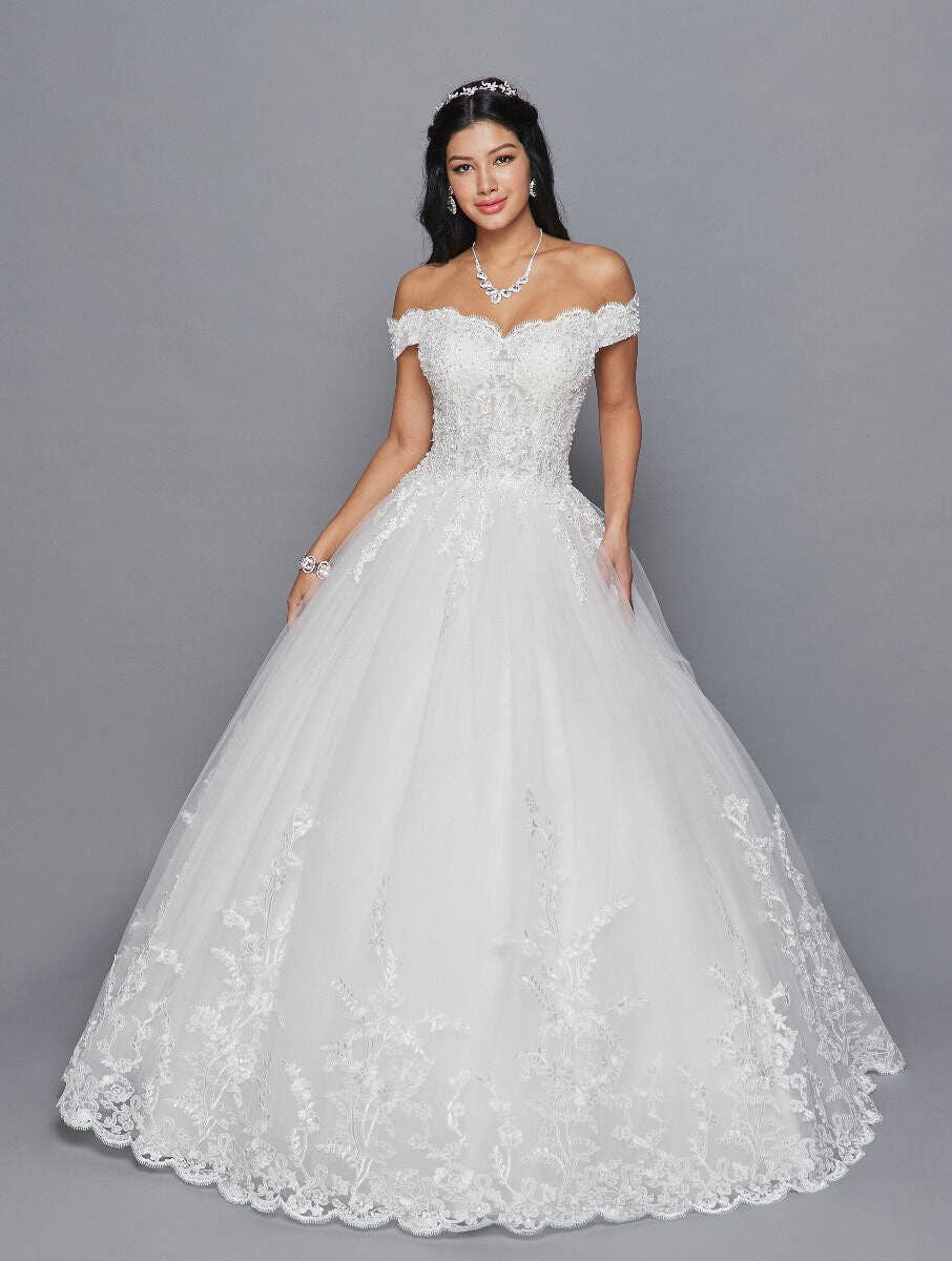 {Elegant Off Shoulder Bridal Gown with Embroidered Corset Lace - Up Back} - {} at {Linda Mariposa}