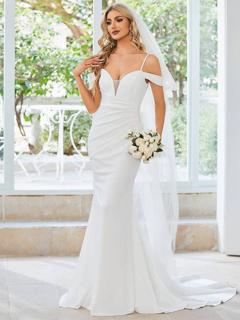 {Elegant Off - Shoulder Mermaid Wedding Dress for Brides - White Stretch Fabric} - {} at {Linda Mariposa}