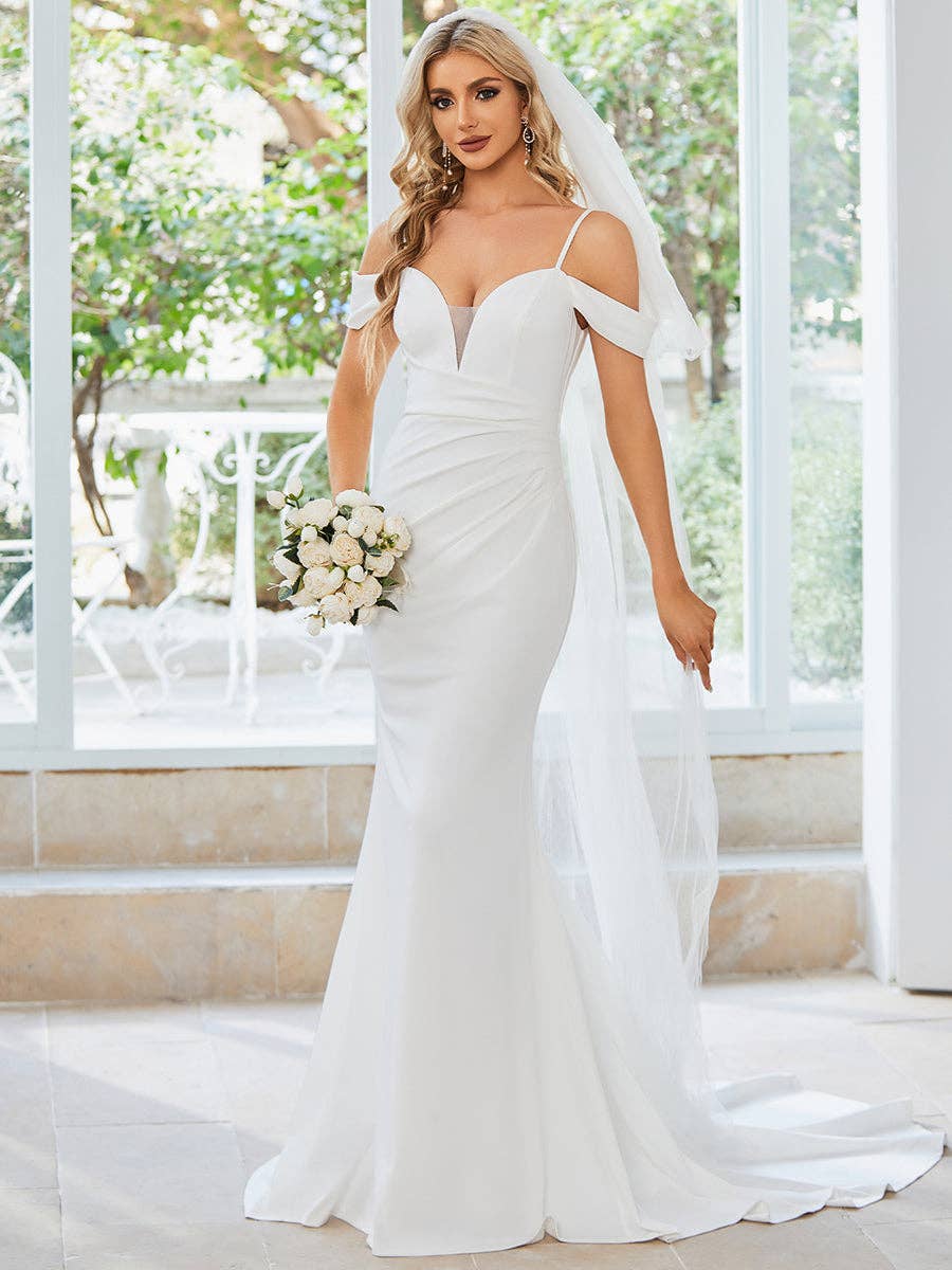 {Elegant Off - Shoulder Mermaid Wedding Dress for Brides - White Stretch Fabric} - {} at {Linda Mariposa}