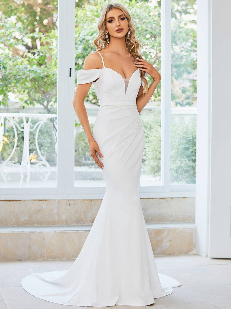{Elegant Off - Shoulder Mermaid Wedding Dress for Brides - White Stretch Fabric} - {} at {Linda Mariposa}