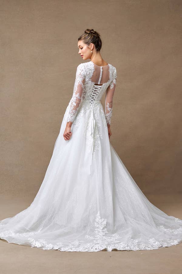 {Elegant Off - White Sheer Long Sleeve Sweetheart A - Line Wedding Dress Gown} - {} at {Linda Mariposa}