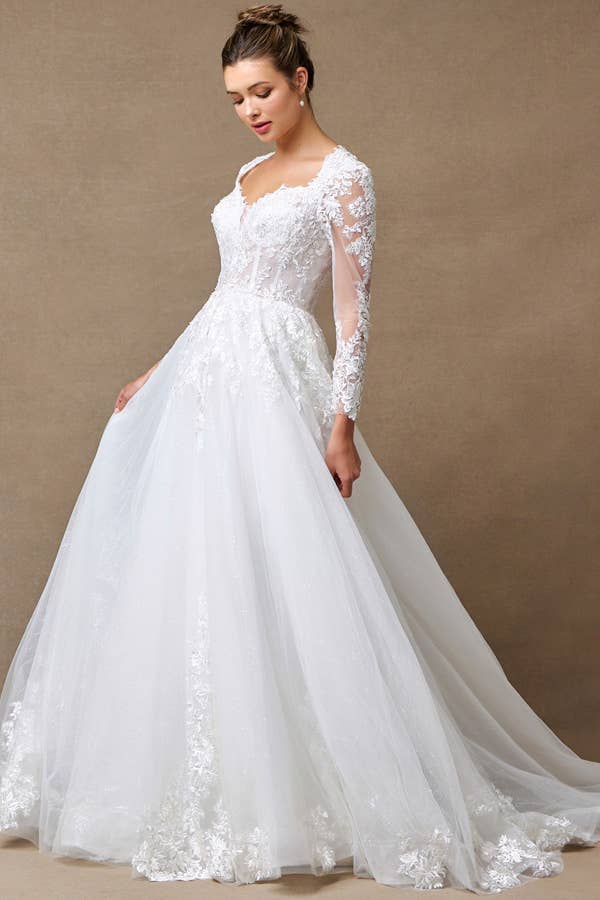 {Elegant Off - White Sheer Long Sleeve Sweetheart A - Line Wedding Dress Gown} - {} at {Linda Mariposa}