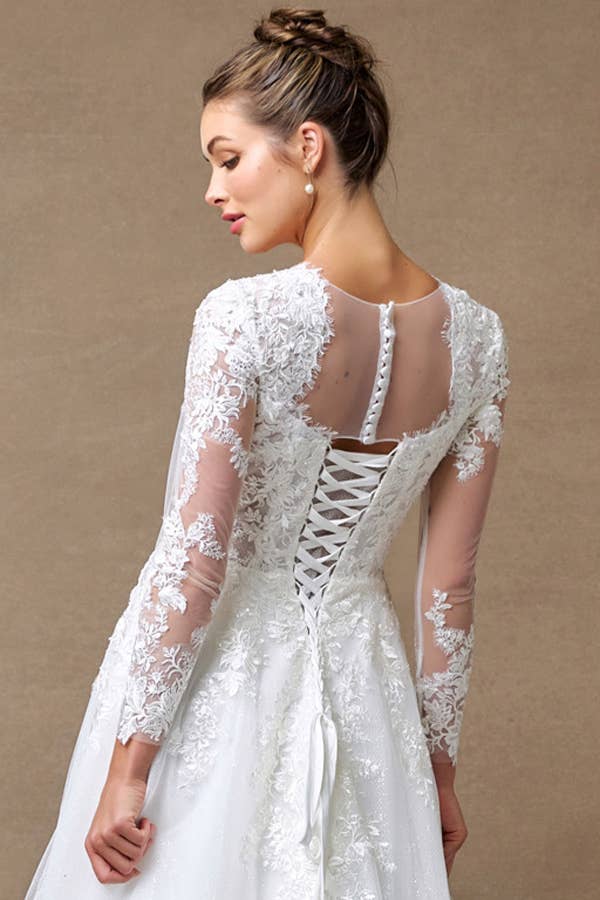 {Elegant Off - White Sheer Long Sleeve Sweetheart A - Line Wedding Dress Gown} - {} at {Linda Mariposa}