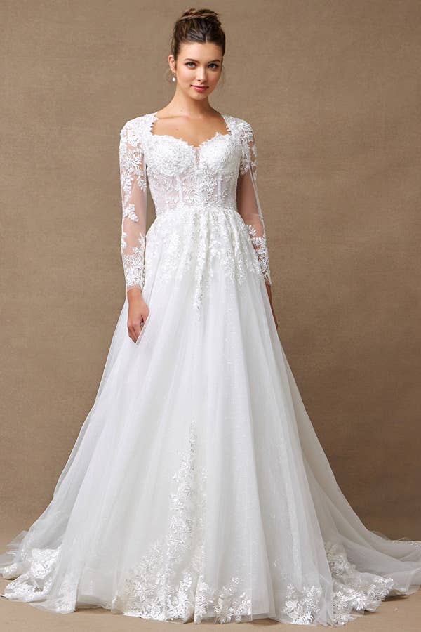 {Elegant Off - White Sheer Long Sleeve Sweetheart A - Line Wedding Dress Gown} - {} at {Linda Mariposa}