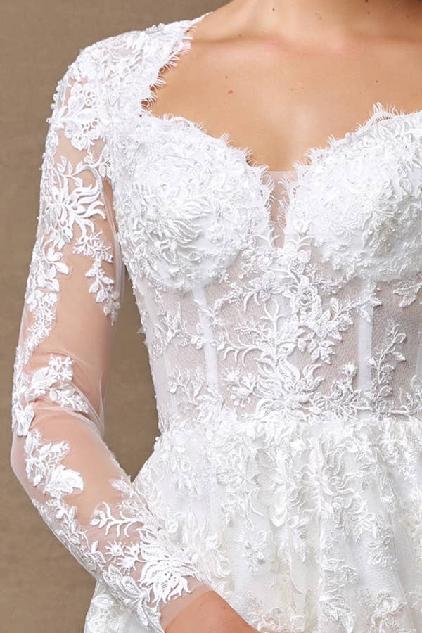 {Elegant Off - White Sheer Long Sleeve Sweetheart A - Line Wedding Dress Gown} - {} at {Linda Mariposa}