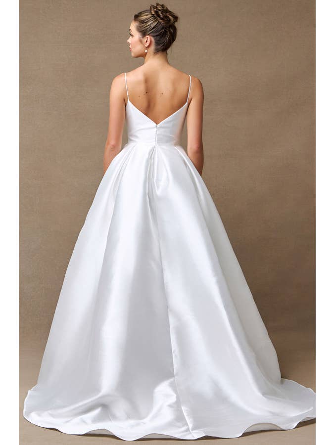 {Elegant Off - White Sleeveless A - Line Mikado Wedding Gown with Pockets and Bow} - {} at {Linda Mariposa}