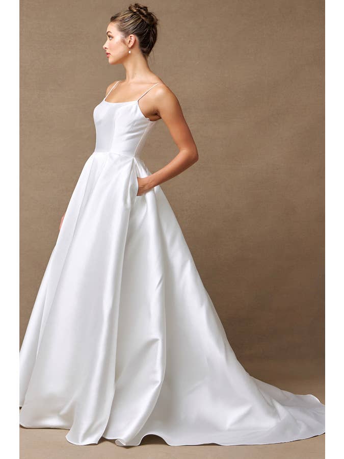 {Elegant Off - White Sleeveless A - Line Mikado Wedding Gown with Pockets and Bow} - {} at {Linda Mariposa}
