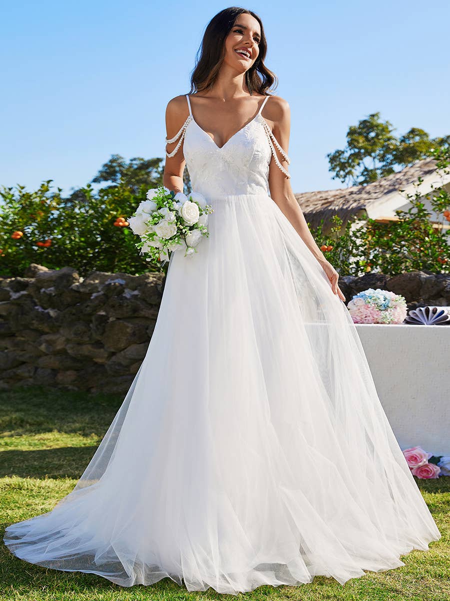 {Elegant Pearl Beaded Spaghetti Strap Cold Shoulder Tulle Wedding Dress Gown} - {} at {Linda Mariposa}