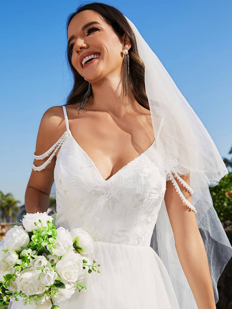 {Elegant Pearl Beaded Spaghetti Strap Cold Shoulder Tulle Wedding Dress Gown} - {} at {Linda Mariposa}