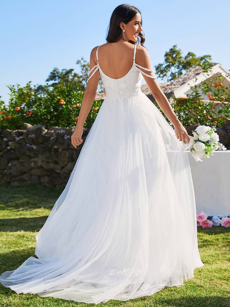 {Elegant Pearl Beaded Spaghetti Strap Cold Shoulder Tulle Wedding Dress Gown} - {} at {Linda Mariposa}