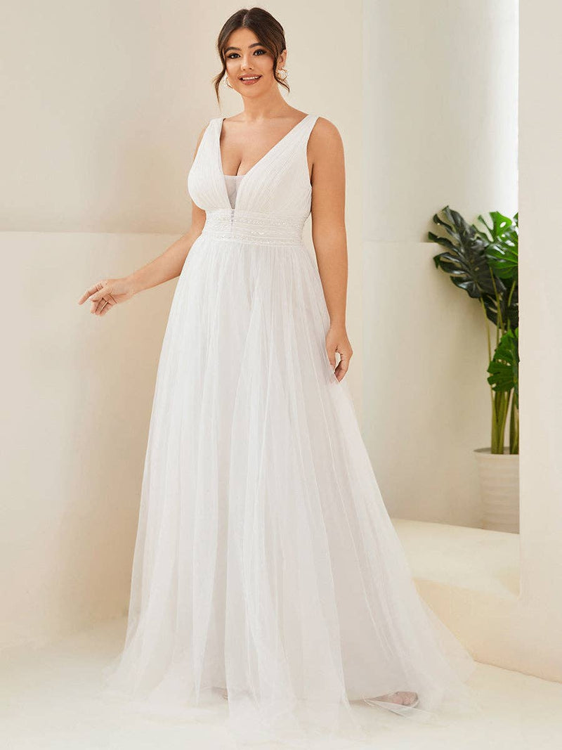 {Elegant Plus Size Backless A - Line Mesh Sleeveless Wedding Dress Glamour} - {} at {Linda Mariposa}
