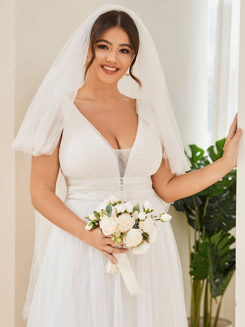 {Elegant Plus Size Backless A - Line Mesh Sleeveless Wedding Dress Glamour} - {} at {Linda Mariposa}