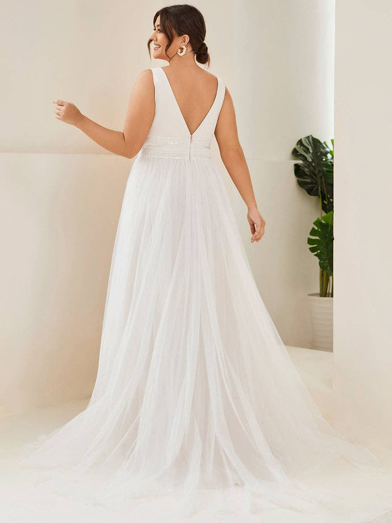 {Elegant Plus Size Backless A - Line Mesh Sleeveless Wedding Dress Glamour} - {} at {Linda Mariposa}