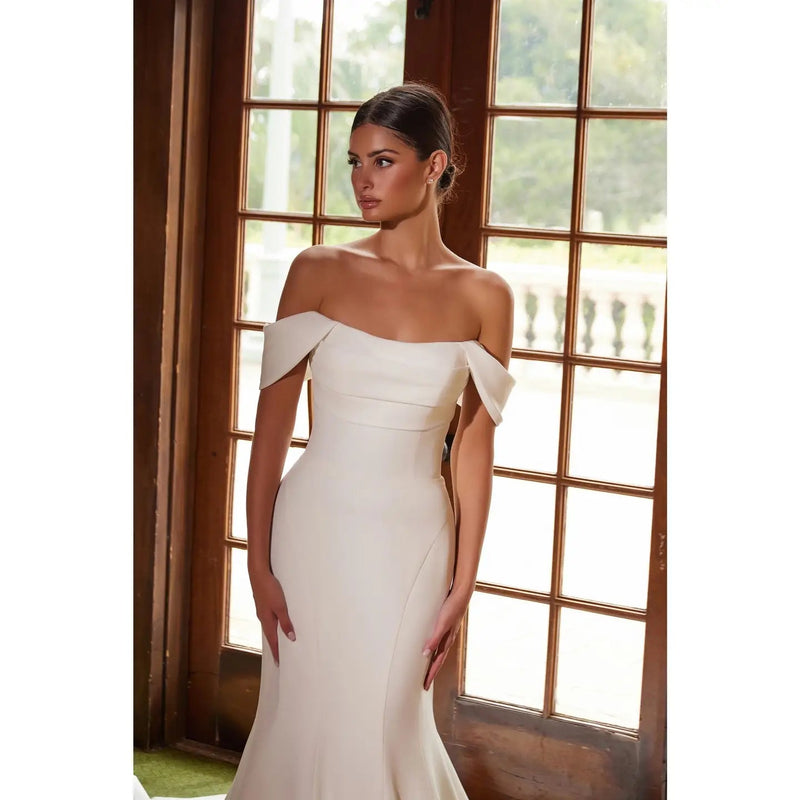 {Elegant Satin Off - Shoulder A - line Wedding Dress with Sheer Boned Back} - {} at {Linda Mariposa}
