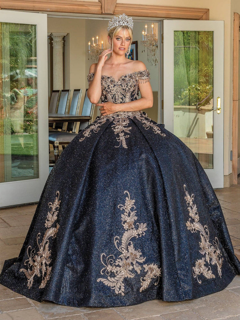 {Elegant Sequin Beaded Sweetheart Quinceañera Gown: Off - Shoulder Satin Ball Gown} - {} at {Linda Mariposa}