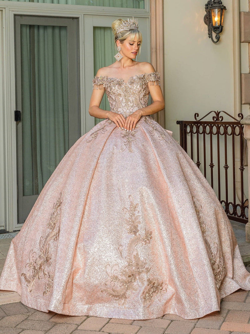 {Elegant Sequin Beaded Sweetheart Quinceañera Gown: Off - Shoulder Satin Ball Gown} - {} at {Linda Mariposa}