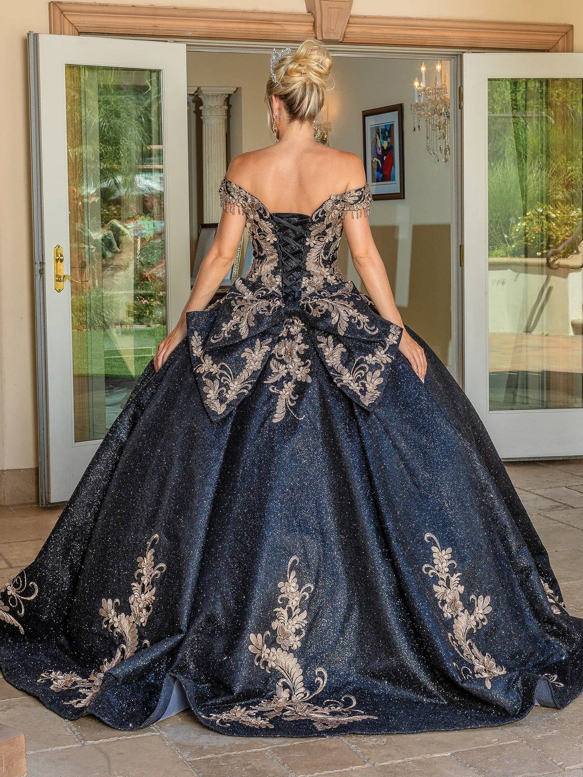 {Elegant Sequin Beaded Sweetheart Quinceañera Gown: Off - Shoulder Satin Ball Gown} - {} at {Linda Mariposa}
