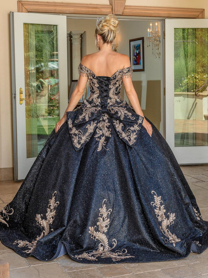 {Elegant Sequin Beaded Sweetheart Quinceañera Gown: Off - Shoulder Satin Ball Gown} - {} at {Linda Mariposa}