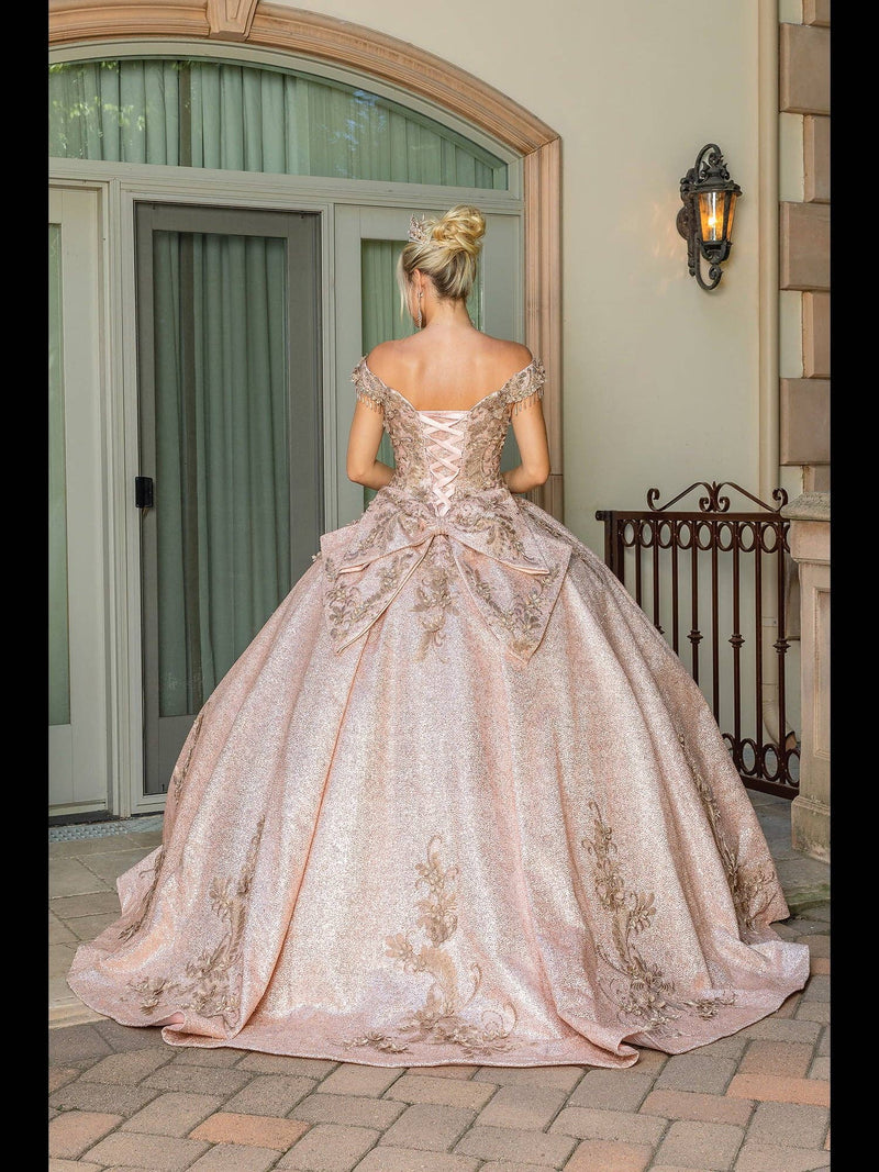 {Elegant Sequin Beaded Sweetheart Quinceañera Gown: Off - Shoulder Satin Ball Gown} - {} at {Linda Mariposa}