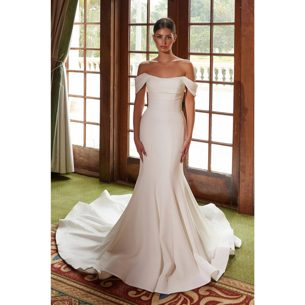 {Elegant Straight Top Pleated Off - Shoulder Minimalist Wedding Gown JW1032} - {} at {Linda Mariposa}