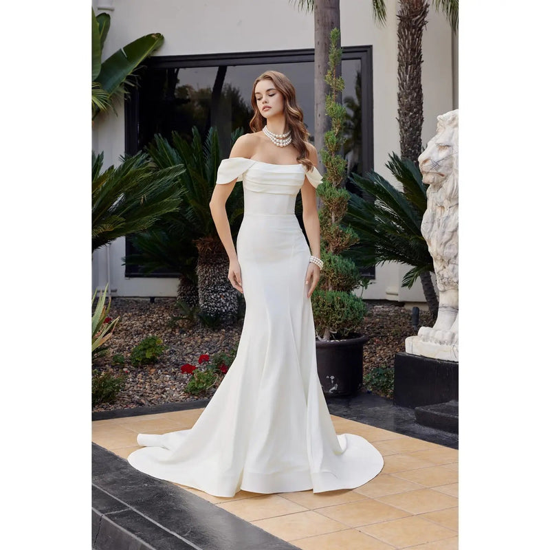 {Elegant Straight Top Pleated Off - Shoulder Minimalist Wedding Gown JW1032} - {} at {Linda Mariposa}