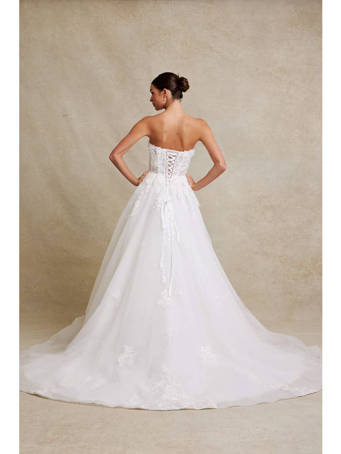 {Elegant Strapless 3D Floral Applique A - Line Wedding Gown with Illusion Design} - {} at {Linda Mariposa}