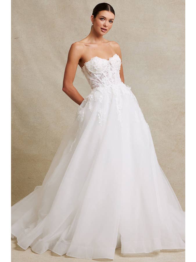 {Elegant Strapless 3D Floral Applique A - Line Wedding Gown with Illusion Design} - {} at {Linda Mariposa}