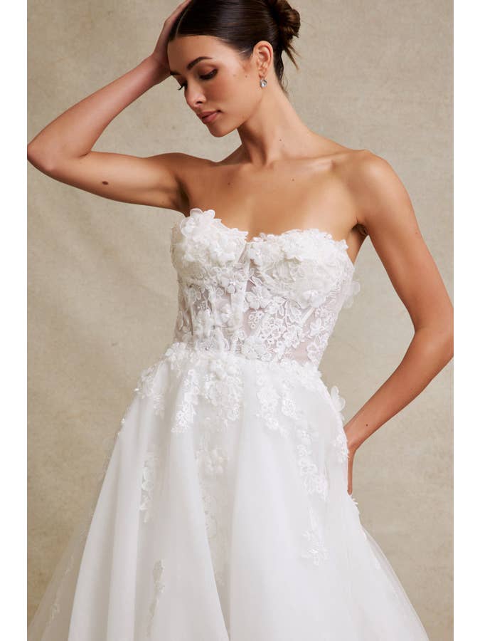 {Elegant Strapless 3D Floral Applique A - Line Wedding Gown with Illusion Design} - {} at {Linda Mariposa}