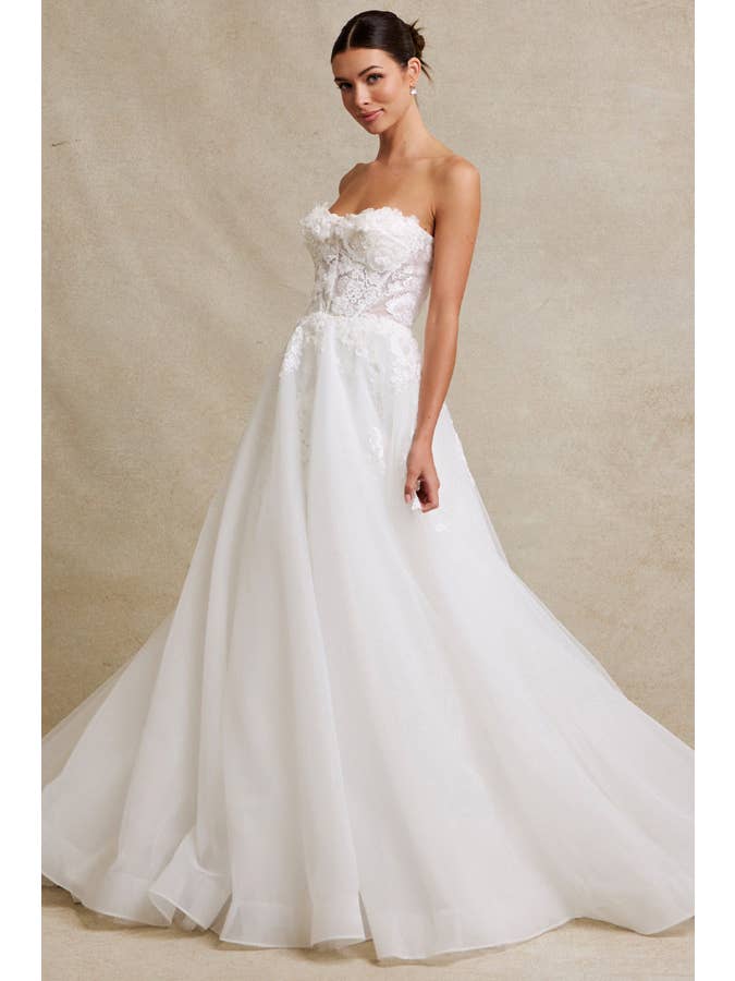 {Elegant Strapless 3D Floral Applique A - Line Wedding Gown with Illusion Design} - {} at {Linda Mariposa}