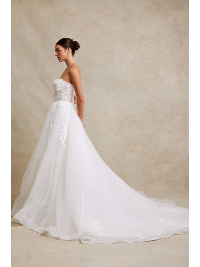 {Elegant Strapless 3D Floral Applique A - Line Wedding Gown with Illusion Design} - {} at {Linda Mariposa}
