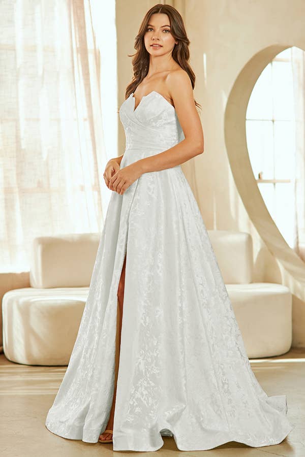 {Elegant Strapless Sweetheart A - Line Jacquard Dress for Prom, Evening, Wedding} - {} at {Linda Mariposa}